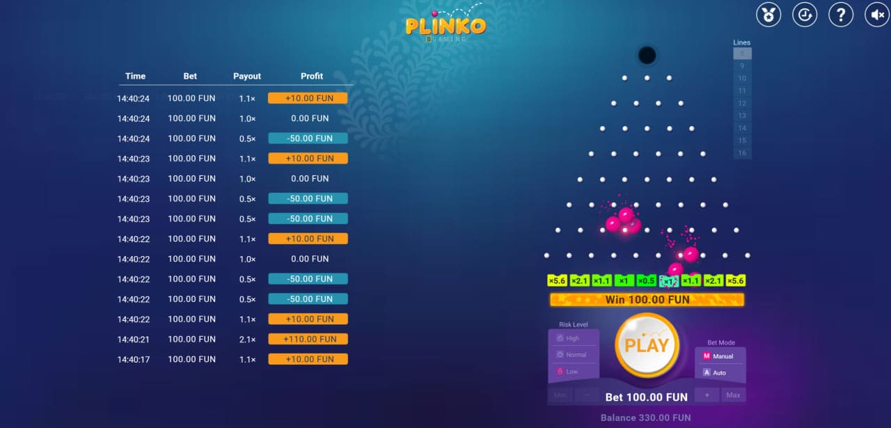Interface oficial do jogo Plinko mostrando tabuleiro, multiplicadores e controles do jogador